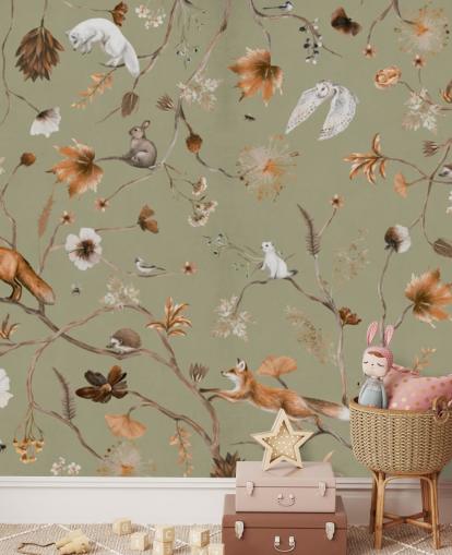 green and orange kids forest mural called Playful Forest Green Panorama by Kikki Belle green and orange kids forest mural called Playful Forest Green Panorama by Kikki Belle