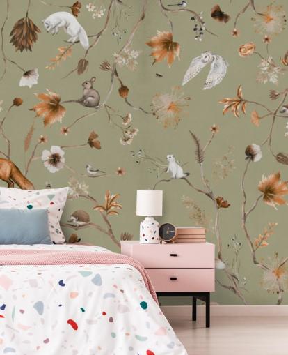 grünes und orangefarbenes Wald-Wandbild für Kinder namens Playful Forest Green Panorama von Kikki Belle grünes und orangefarbenes Wald-Wandbild für Kinder namens Playful Forest Green Panorama von Kikki Belle