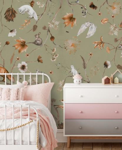 peinture murale verte et orange pour enfants intitulée Playful Forest Green Panorama par Kikki Belle