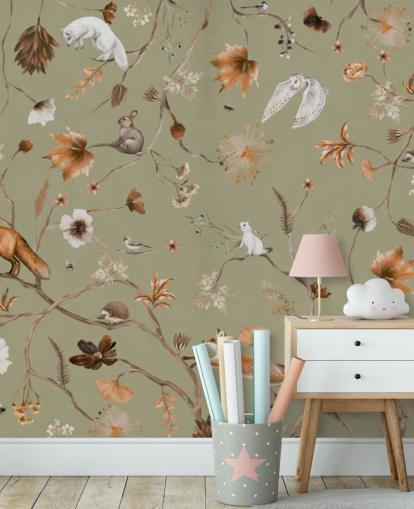 mural florestal infantil verde e laranja chamado Playful Forest Green Panorama de Kikki Belle mural florestal infantil verde e laranja chamado Playful Forest Green Panorama de Kikki Belle