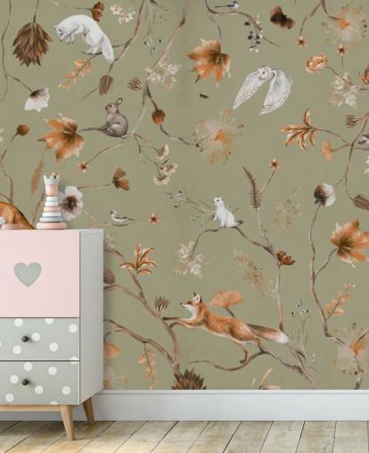 green and orange kids forest mural called Playful Forest Green Panorama by Kikki Belle green and orange kids forest mural called Playful Forest Green Panorama by Kikki Belle