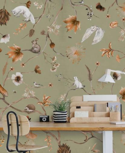 murale verde e arancione per bambini chiamato Playful Forest Green Panorama di Kikki Belle murale verde e arancione per bambini chiamato Playful Forest Green Panorama di Kikki Belle