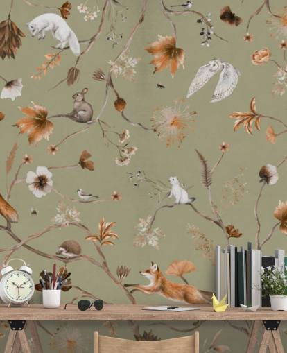 murale verde e arancione per bambini chiamato Playful Forest Green Panorama di Kikki Belle murale verde e arancione per bambini chiamato Playful Forest Green Panorama di Kikki Belle