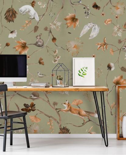 mural de bosque infantil verde y naranja llamado Playful Forest Green Panorama de Kikki Belle mural de bosque infantil verde y naranja llamado Playful Forest Green Panorama de Kikki Belle