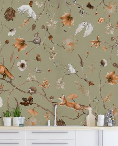 grünes und orangefarbenes Wald-Wandbild für Kinder namens Playful Forest Green Panorama von Kikki Belle