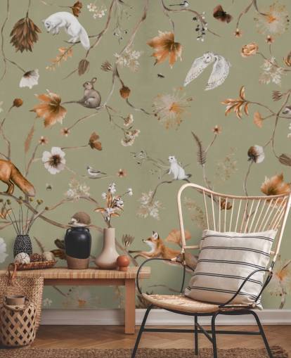 murale verde e arancione per bambini chiamato Playful Forest Green Panorama di Kikki Belle