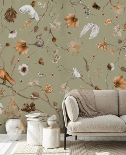 green and orange kids forest mural called Playful Forest Green Panorama by Kikki Belle