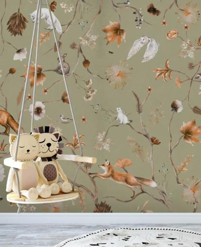 mural florestal infantil verde e laranja chamado Playful Forest Green Panorama de Kikki Belle