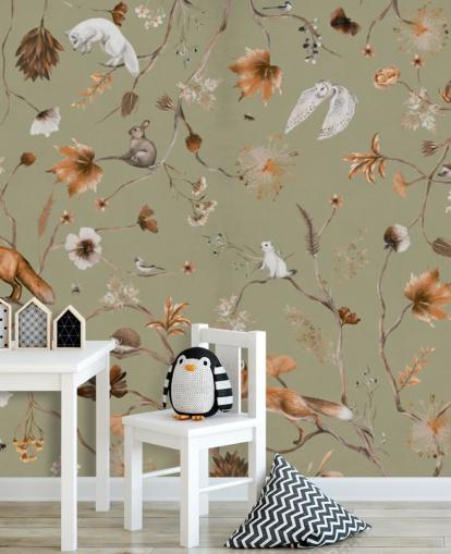 grön och orange barnskogsväggmålning som heter Playful Forest Green Panorama av Kikki Belle grön och orange barnskogsväggmålning som heter Playful Forest Green Panorama av Kikki Belle