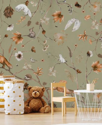 mural de bosque infantil verde y naranja llamado Playful Forest Green Panorama de Kikki Belle