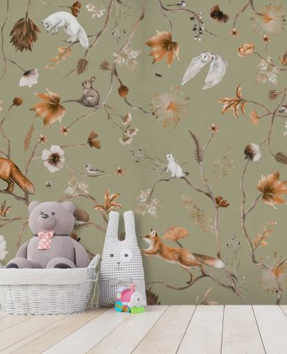 mural florestal infantil verde e laranja chamado Playful Forest Green Panorama de Kikki Belle