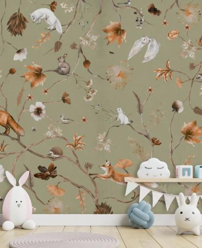 mural de bosque infantil verde y naranja llamado Playful Forest Green Panorama de Kikki Belle