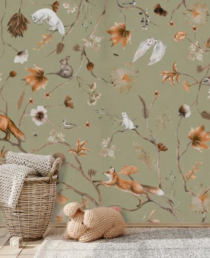 mural florestal infantil verde e laranja chamado Playful Forest Green Panorama de Kikki Belle mural florestal infantil verde e laranja chamado Playful Forest Green Panorama de Kikki Belle