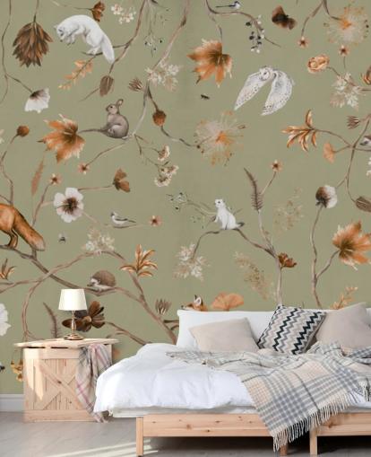 grønt og oransje barneskogmaleri kalt Playful Forest Green Panorama av Kikki Belle