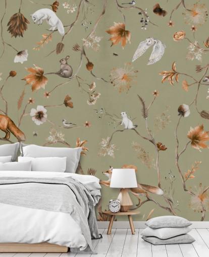 grünes und orangefarbenes Wald-Wandbild für Kinder namens Playful Forest Green Panorama von Kikki Belle