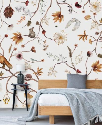 mural de berçário branco chamado Playful Forest White Panorama de Kikki Belle para crianças