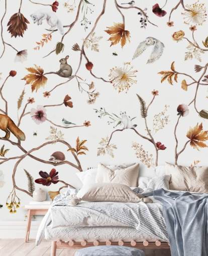 weißes Kinderzimmer-Wandbild namens Playful Forest White Panorama von Kikki Belle für Kinder weißes Kinderzimmer-Wandbild namens Playful Forest White Panorama von Kikki Belle für Kinder