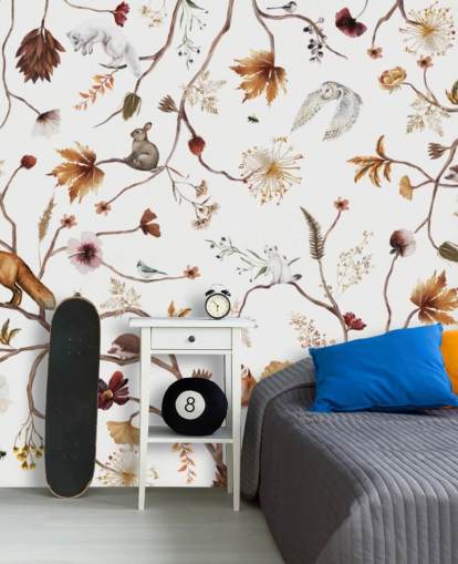 mural de berçário branco chamado Playful Forest White Panorama de Kikki Belle para crianças