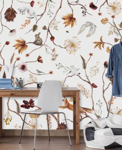 hvidt børnehavevægmaleri kaldet Playful Forest White Panorama af Kikki Belle til børn