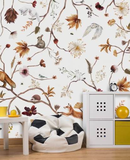 witte kinderkamermuurschildering genaamd Playful Forest White Panorama van Kikki Belle voor kinderen