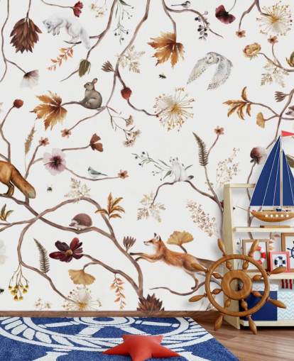 mural de guardería blanco llamado Playful Forest White Panorama de Kikki Belle para niños