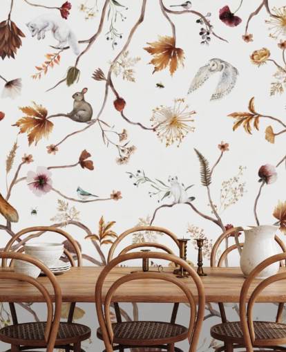 mural de berçário branco chamado Playful Forest White Panorama de Kikki Belle para crianças