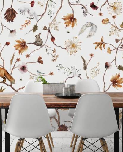 white nursery mural called Playful Forest White Panorama by Kikki Belle for children