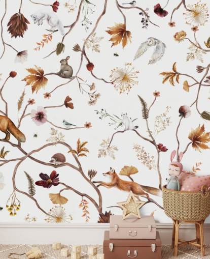 mural de berçário branco chamado Playful Forest White Panorama de Kikki Belle para crianças mural de berçário branco chamado Playful Forest White Panorama de Kikki Belle para crianças