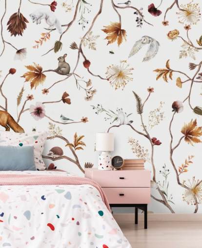 witte kinderkamermuurschildering genaamd Playful Forest White Panorama van Kikki Belle voor kinderen