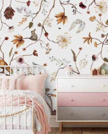 white nursery mural called Playful Forest White Panorama by Kikki Belle for children