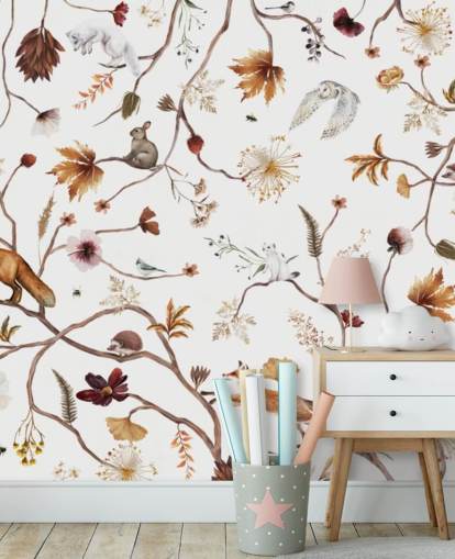 white nursery mural called Playful Forest White Panorama by Kikki Belle for children