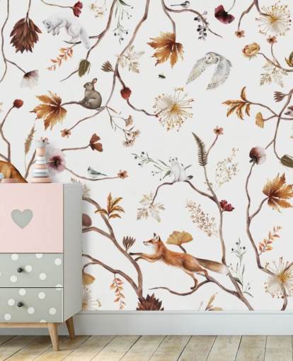white nursery mural called Playful Forest White Panorama by Kikki Belle for children