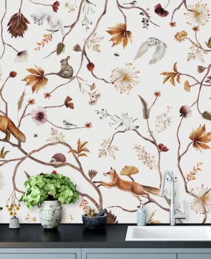 white nursery mural called Playful Forest White Panorama by Kikki Belle for children