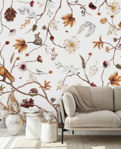 mural de guardería blanco llamado Playful Forest White Panorama de Kikki Belle para niños