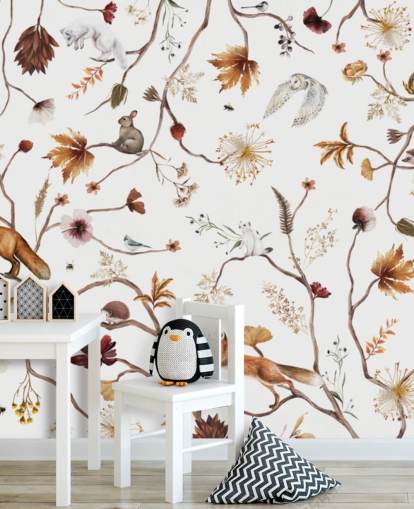 murale bianco per bambini chiamato Playful Forest White Panorama di Kikki Belle murale bianco per bambini chiamato Playful Forest White Panorama di Kikki Belle