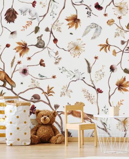 mural de guardería blanco llamado Playful Forest White Panorama de Kikki Belle para niños mural de guardería blanco llamado Playful Forest White Panorama de Kikki Belle para niños