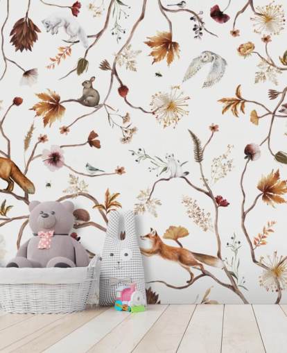 weißes Kinderzimmer-Wandbild namens Playful Forest White Panorama von Kikki Belle für Kinder