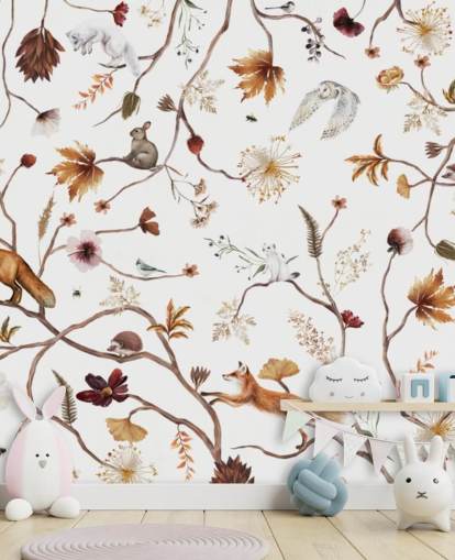 hvidt børnehavevægmaleri kaldet Playful Forest White Panorama af Kikki Belle til børn