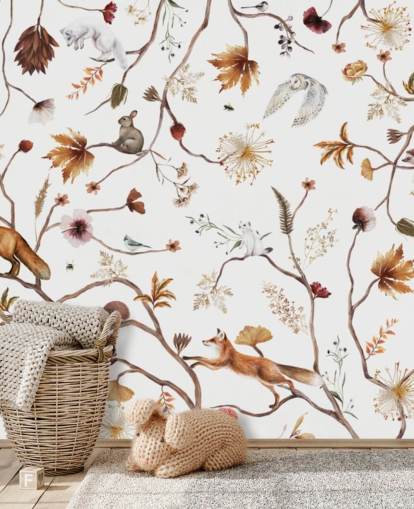 mural de guardería blanco llamado Playful Forest White Panorama de Kikki Belle para niños