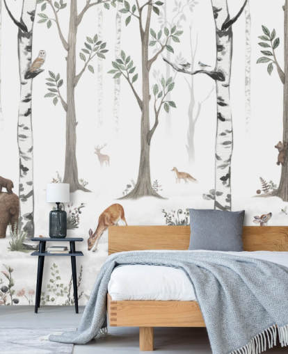 weißes kundenspezifisches Tier-Wandbild für Kinder namens White Forest Panorama von Kikki Belle weißes kundenspezifisches Tier-Wandbild für Kinder namens White Forest Panorama von Kikki Belle