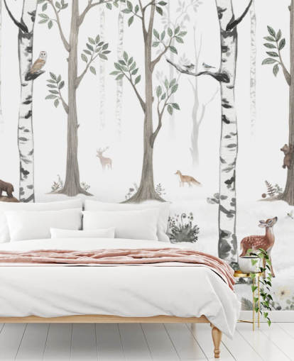 vit anpassad barndjurväggmålning som heter White Forest Panorama av Kikki Belle