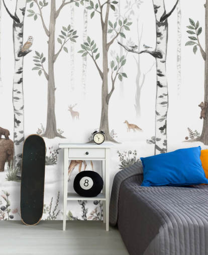 weißes kundenspezifisches Tier-Wandbild für Kinder namens White Forest Panorama von Kikki Belle weißes kundenspezifisches Tier-Wandbild für Kinder namens White Forest Panorama von Kikki Belle