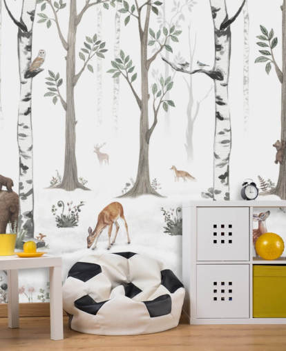 mural blanco personalizado de animales para niños llamado White Forest Panorama de Kikki Belle
