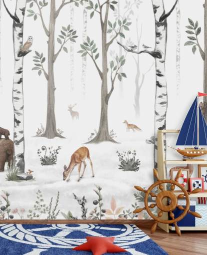 weißes kundenspezifisches Tier-Wandbild für Kinder namens White Forest Panorama von Kikki Belle