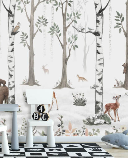 white custom kids animal mural called White Forest Panorama by Kikki Belle