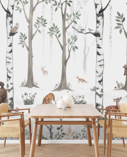 mural blanco personalizado de animales para niños llamado White Forest Panorama de Kikki Belle mural blanco personalizado de animales para niños llamado White Forest Panorama de Kikki Belle