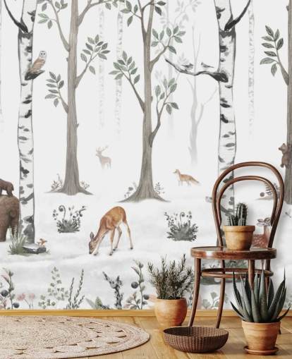 white custom kids animal mural called White Forest Panorama by Kikki Belle