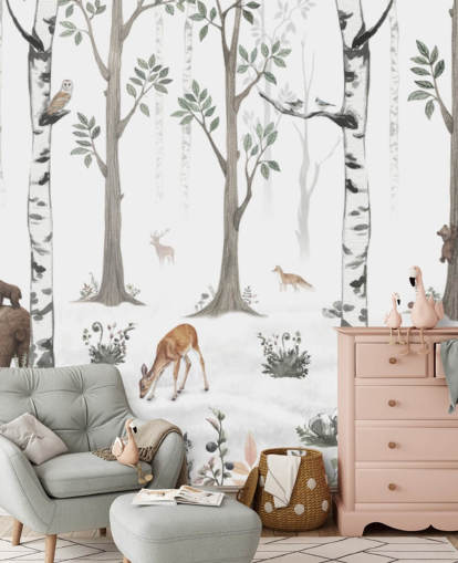 white custom kids animal mural called White Forest Panorama by Kikki Belle
