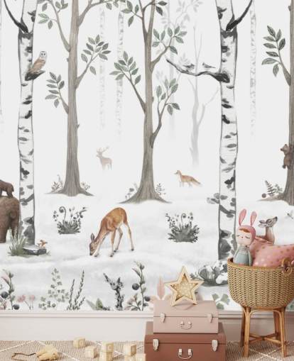 mural branco personalizado de animais infantis chamado White Forest Panorama de Kikki Belle mural branco personalizado de animais infantis chamado White Forest Panorama de Kikki Belle