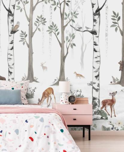 mural blanco personalizado de animales para niños llamado White Forest Panorama de Kikki Belle